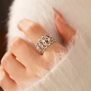 Lace-hollowed zircon open ring in two-tone silver and gold vintage palace style