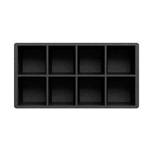 Top view of a black food-grade silicone tray with 8 square compartments for ice cubes