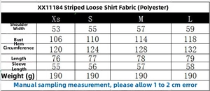 Detailed size chart for the minimalist striped shirt showing measurements for various sizes