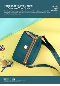 Macro view of dark green water-resistant nylon crossbody bag with brown leather trim detailing