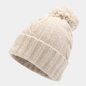 Classic cable knit beanie with faux fur pom pom in cream beige, warm winter ribbed hat