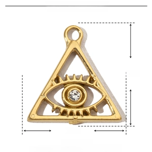 Detail view of a gold triangular eye pendant with rhinestones and technical dimensions