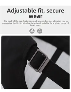 Detail of adjustable metal buckle on black baseball cap with durable cotton fabric