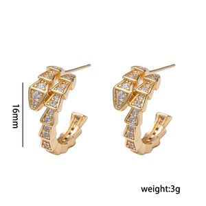 Luxury gold snake hoop earrings with sparkling zircon stones, 16mm height and 3g weight
