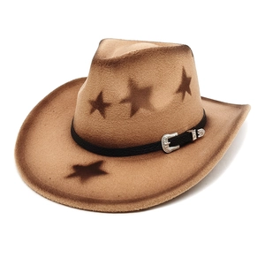 Brown wool cowboy hat with star pattern and metallic buckle on black band