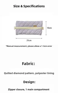 Detailed size view of lavender quilted pencil case measuring 21x10cm with top zipper
