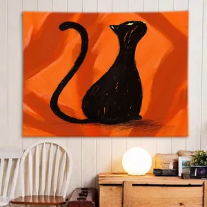 Artistic detail of a minimalist black cat tapestry hanging on a white striped wall