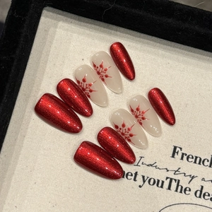 Cat Eye Press On Nails Handmade Almond Shape Metallic Red Snowflake Pattern Winter Christmas Theme For Women