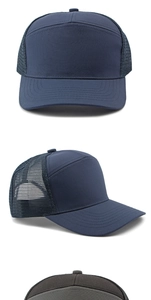 Detail of breathable mesh panels on navy blue and black baseball trucker caps