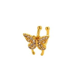 Golden butterfly ear cuff with micro-paved zircons for non-pierced ears in a front view