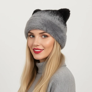 Korean Winter Beanie Hat Faux Fur Plush Cat Ears Gradient Ombre Knitted Thick Warm Outdoor Thermal Cap For Men Women