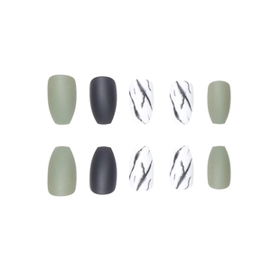 Short ballerina press-on nails with army green, matte black, and marble pattern designs