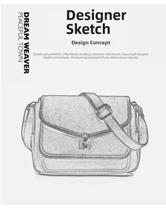 Minimalist messenger bag design sketch with adjustable shoulder strap and metal buckle