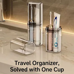 Portable smoky grey transparent travel wash cup set for toothbrush and toothpaste storage