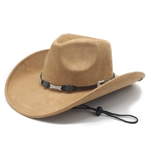 Classic camel faux suede fedora hat with silver star buckle and adjustable chin strap