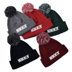 Knitted Beanie Hat Acrylic Pom Pom Embroidered Letters Winter Warm Cuff Ribbed Skull Cap For Women Men