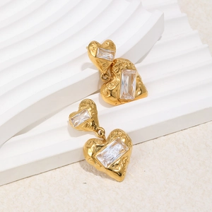 Heart Drop Stud Earrings 18K Gold Plated Stainless Steel Square Zircon Geometric Retro Texture Vintage Style For Women
