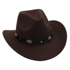 Detailed close-up of dark brown wool felt cowboy hat with silver concho band embellishment
