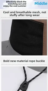 Detail of outdoor sun hat featuring breathable mesh panel and adjustable drawstring buckle