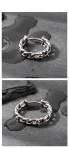 Macro detail of retro stainless steel chain hoop earrings in 12mm and 16mm sizes