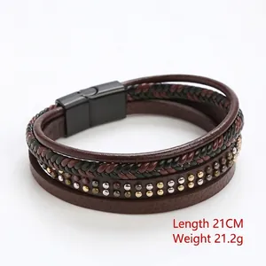 Men's multilayer braided leather bracelet with metal studs and magnetic buckle 21cm long