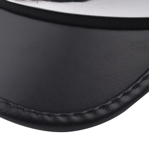Close-up of black leather brim with silver mirror strap and neat stitching on military hat