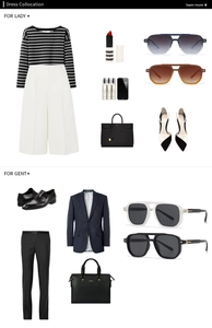 Fashion lookbook with retro sunglasses, striped knitwear, and business attire items