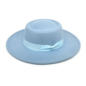 Classic light blue wool felt boater hat with matching grosgrain ribbon and side bow