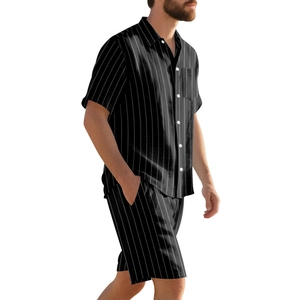 Men's summer linen set with white vertical stripes on black short sleeve shirt and shorts