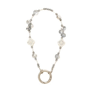 Beaded clover phone charm featuring grey crystal beads and silver spring clasp for keys