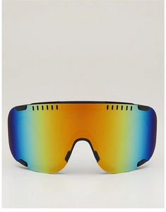 Close-up of matte black cycling goggles with iridescent gradient lenses and vents