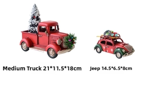Vintage metal Christmas red truck and green jeep ornaments with miniature trees and gift boxes