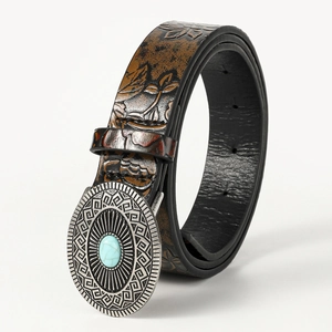 Bohemian brown leather belt with embossed floral patterns and turquoise silver buckle