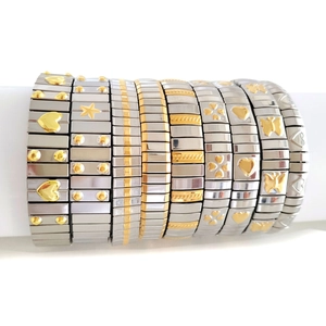 Italian charm bracelet in gold and silver stainless steel featuring heart and star motifs