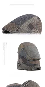 Detail of vintage patchwork beret showing herringbone tweed texture and retro panel design