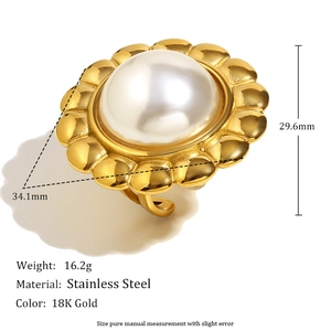 Vintage 18K gold plated stainless steel flower ring with faux pearl for women