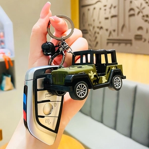 Creative camouflage military jeep keychain with metal ring and small bell accessory