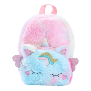 Cute unicorn plush backpack for girls with colorful wings and soft gradient pastel fur