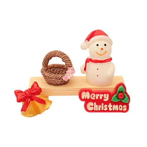 Miniature Christmas snowman set with basket and bell on Merry Christmas wood base