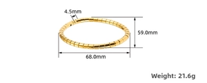 Polished gold bamboo-style bracelet showing precise 68mm x 59mm dimensions and 21.6g weight