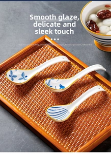 Close-up of blue and white ceramic spoons with yellow rim and artistic patterns