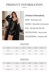 Detailed size guide for plus size silk slip dress and robe set from 1XL to 5XL
