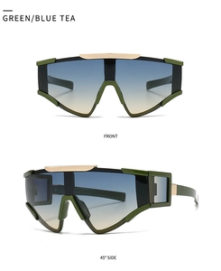 Front and 45-degree side views of oversized shield sunglasses in green and gold finish