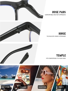 Detail view of square frame glasses showing nose pads, metal hinges and lifestyle scenes