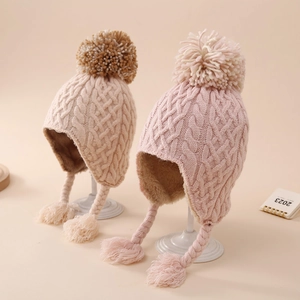 Baby Knit Earflap Hat Winter Warm Fleece Lined Pom Pom Beanie With Braided Straps Acrylic For Toddler Infantile