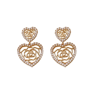 Orecchini cuore vintage in oro rosa con motivi floreali in zircone per donne eleganti