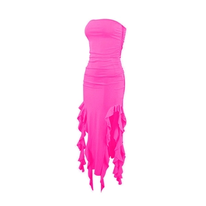 Detail of hot pink strapless bodycon dress with ruffled edges and asymmetric hem