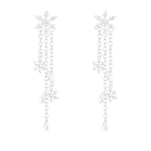 Elegant silver snowflake tassel earrings with sparkling cubic zirconia and three chains