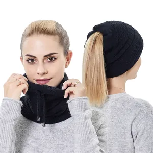 Ponytail Beanie Mütze Gestrickt Acryl Fleece Gefüttert Warm Winter Winddicht Dual Use Halswärmer Für Damen