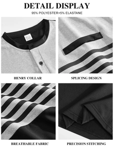 Detail view of men's Henley shirt with grey stripes, showing stitching and collar texture